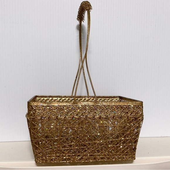 GOLD TONE Sparkly Glitter Wire Rectangle Basket w Handle 12 x 7.5 x6.5 inches - Picture 6 of 15